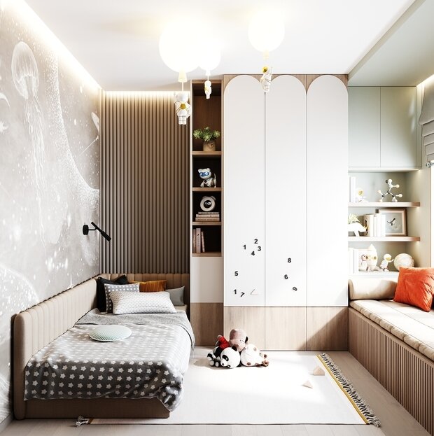 Мебель в комнате разной глубины и ширины, но за счет гармоничного цветового сочетания она не кажется громоздкой и выглядит очень гармонично.