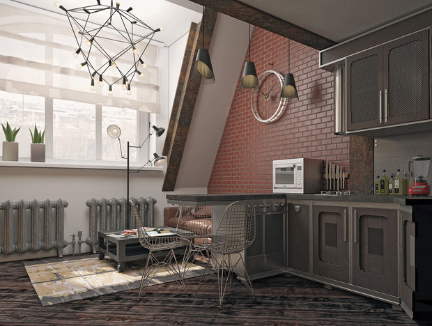 Фотография: Кухня и столовая в стиле Лофт, Квартира, Студия, Проект недели, Москва, Сергей Пилецкий, Лофт Гарден, антресольный этаж – фото на INMYROOM