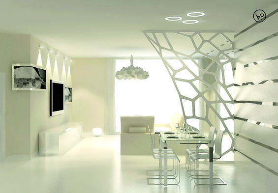 Фотография: Кухня и столовая в стиле Хай-тек, Детская, Спальня, Современный, Квартира, Цвет в интерьере, Дома и квартиры, Белый, Минимализм, Зеркало, Перегородка – фото на INMYROOM