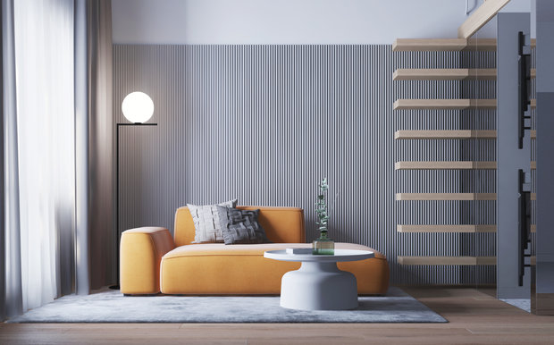 Цветовое решение интерьера построено на сочетании светло-серого и белого цветов, а также текстуры серого терраццо и светлой древесины. Также в интерьере присутствуют акцентные предметы приглушенного оранжевого цвета, которые добавили жизнерадостности обстановке.