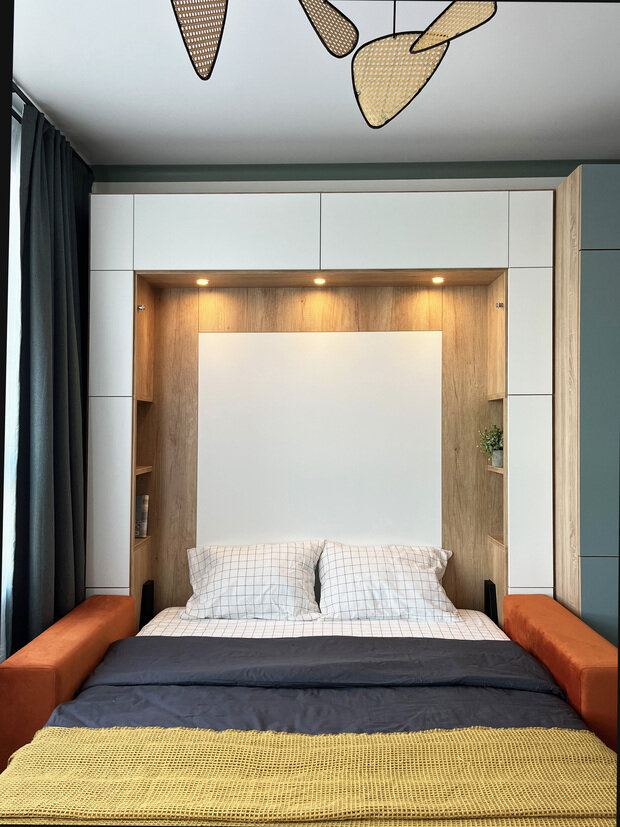 Фотография: Спальня в стиле Скандинавский, Современный, Минимализм, Малогабаритная квартира, Студия, Проект недели, Красногорск, Монолитный дом, Путилково, до 40 метров, Елена Мухачева – фото на INMYROOM