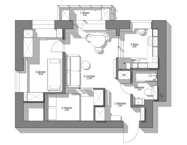 Фотография: Планировки в стиле , Современный, Малогабаритная квартира, Квартира, Проект дня, Беларусь, Минск, Хрущевка, 2 комнаты, 40-60 метров, Ирина Первушина – фото на INMYROOM