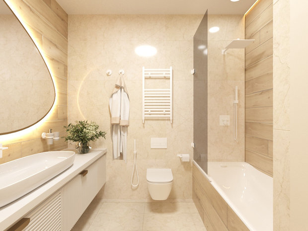 Визуализация ванной комнаты в стиле минимализм с элементами джапанди