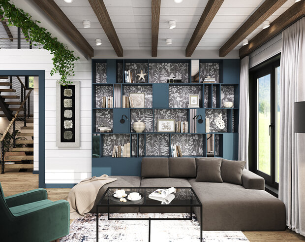 Заказчики хотели светлый легкий интерьер с одним акцентным цветом. В качестве акцента был выбран сине-серый глубокий оттенок, напоминающий о путешествиях.