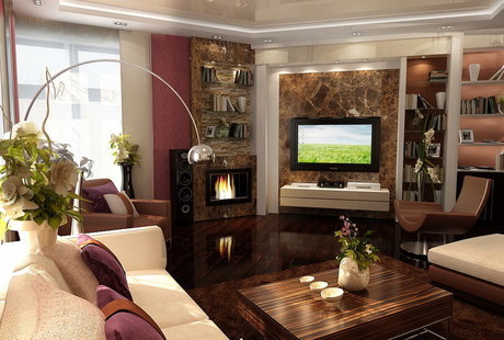 Гостиная в современном стиле с зоной мини-кабинета