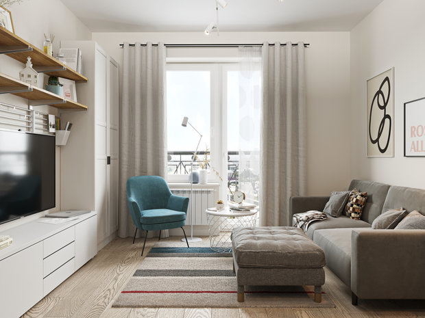 Фотография: Гостиная в стиле Скандинавский, Квартира, Проект недели, Москва, 2 комнаты, 60-90 метров, Эльжбета Чегарова – фото на INMYROOM