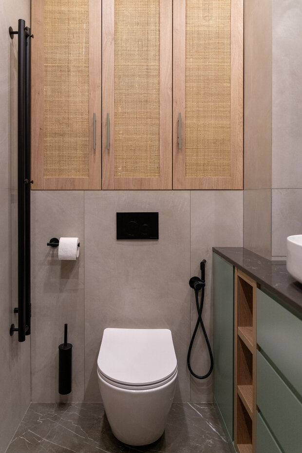 Фотография: Ванная в стиле Современный, Малогабаритная квартира, Квартира, Проект дня, 1 комната, Монолитно-кирпичный, Юлия Волкова – фото на INMYROOM