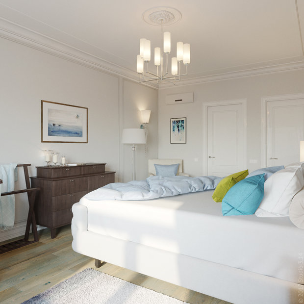 Визуализация интерьера спальни в классическом стиле с современными элементами