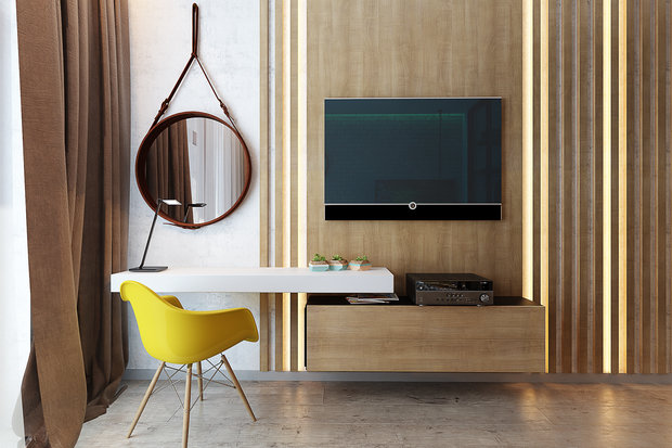 Фото из портфолио Спальня с белым кирпичом и яркими акцентами – фотографии дизайна интерьеров на INMYROOM