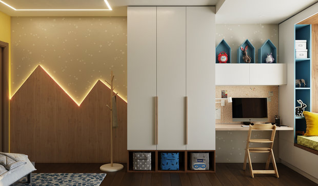 В отделке стен использовали английскую краску Farrow and Ball, необычную стеновую панель из шпона с имитацией гор с подсветкой. 