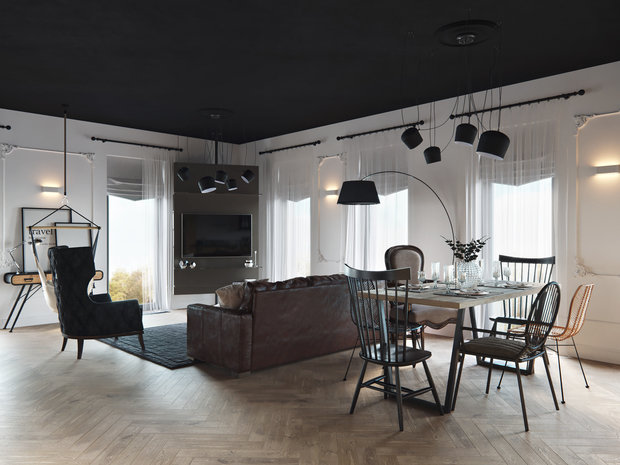 Фотография: Гостиная в стиле Лофт, Эклектика, Квартира, Минимализм, Проект дня, Черный, Подмосковье, дерево в интерьере, инженерная доска, черный потолок в интерьере, 2 комнаты, 60-90 метров, Монолитно-кирпичный, Анна Сухая, коттеджный поселок Западная Долина – фото на INMYROOM