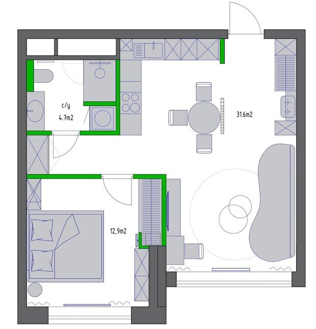 Фотография: Планировки в стиле , Квартира, Проект дня, Москва, 1 комната, 40-60 метров, минимализм, современный, Мария Куймазова – фото на INMYROOM
