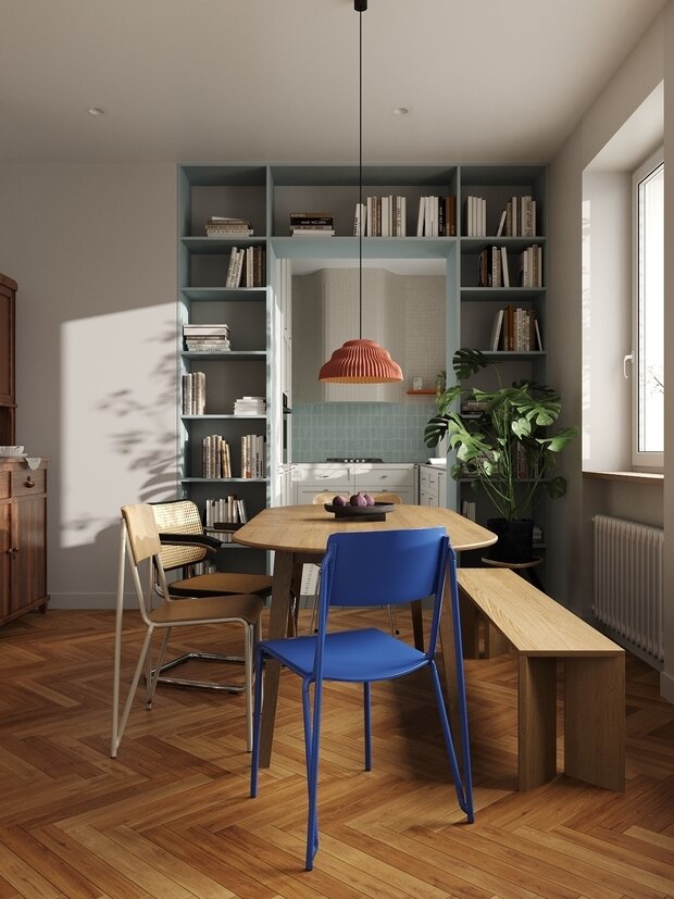 Здесь микс из винтажных стульев: ротанговые Cesca, не менее известный стул JACOBSEN SERIES 7. Еще есть стул Petit датского бренда Hay в цвете ультрамарин.