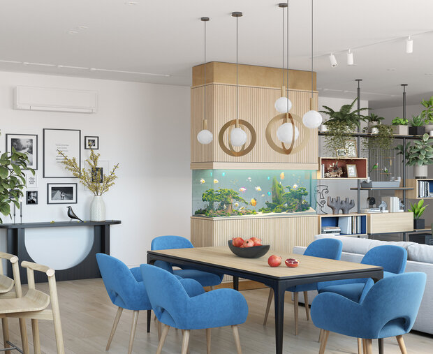 Аквариум представляет собой отдельностоящую колонну, у которой каркас собран из металла и обшит шпонированными МДФ-панелями с фрезеровкой. Снизу и сверху вставки из латуни.