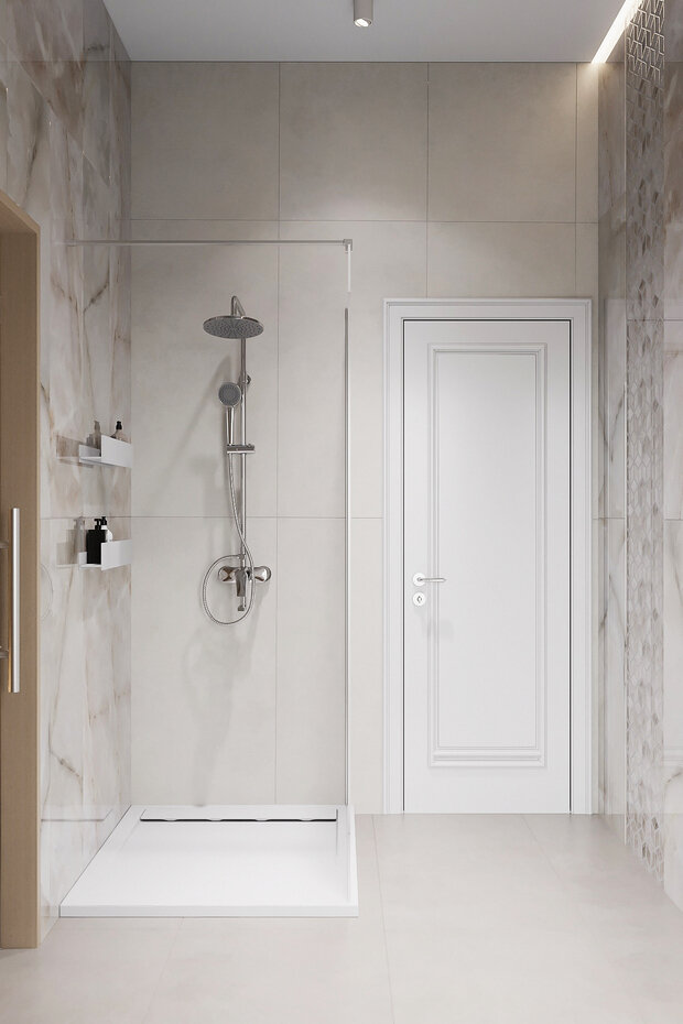 Полы в ванной и санузлах выполнены в нескользящем матовом керамограните, что крайне важно для влажных помещений.