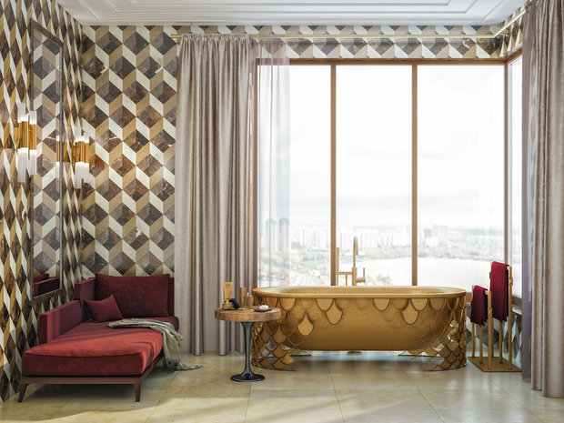 Визуализация интерьера ванной комнаты в классическом стиле с элементами эклектики