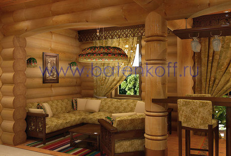 Дизайн гостиной в деревянной бане из бревна в русском стиле 