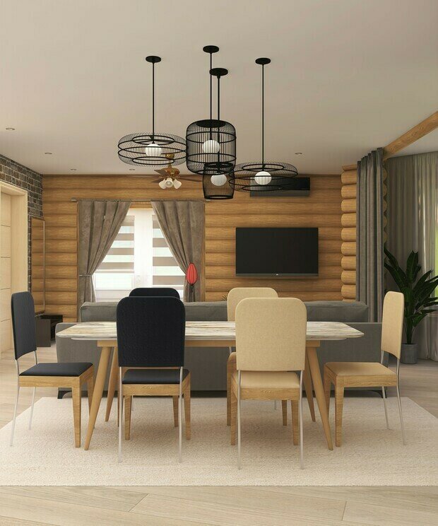 Визуализация интерьера гостиной в стиле лофт с элементами скандинавского стиля