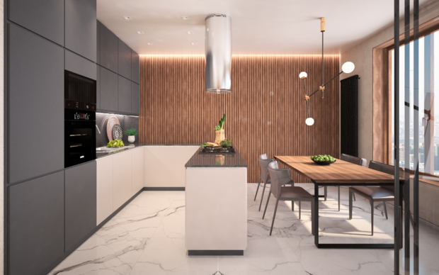 Фотография: Кухня и столовая в стиле Современный, Квартира, Проект дня, Москва, Серый, Коричневый, Ольга Погорелова, Монолитный дом, 3 комнаты, Более 90 метров – фото на INMYROOM
