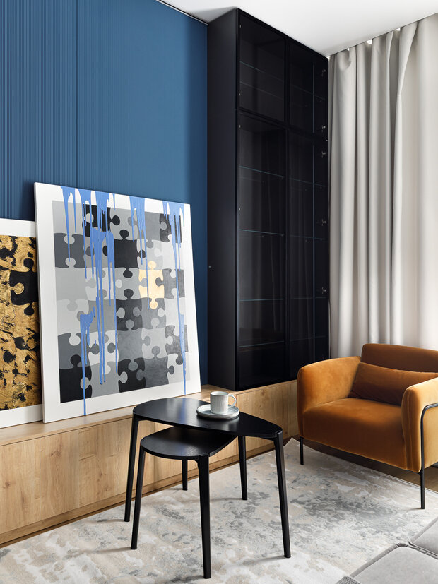 Фотография: Гостиная в стиле Современный, Квартира, Проект дня, Москва, Монолитный дом, 2 комнаты, 40-60 метров, Анна Водянова, Екатерина Абдуллина – фото на INMYROOM