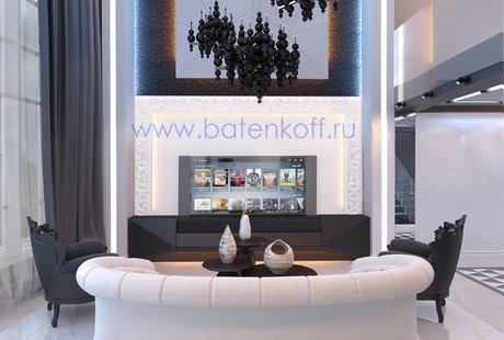 Дизайн проект гостиной в двух уровневом пентхаусе в ЖК Антарес от Батенькофф