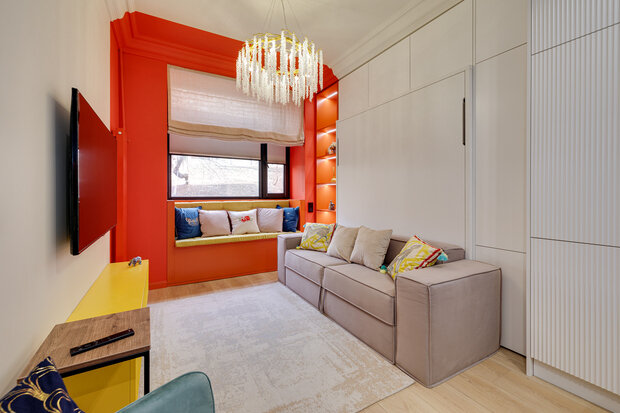 Фотография: Гостиная в стиле Современный, Малогабаритная квартира, Квартира, Студия, Проект дня, Москва, Олег Коган, Кирпичный дом, до 40 метров – фото на INMYROOM