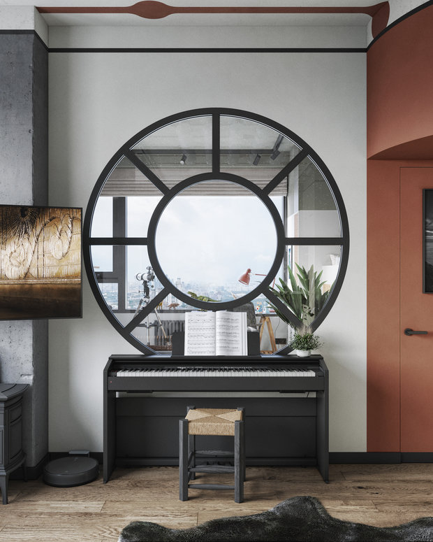 Перед огромным окном-иллюминатором установили пианино.