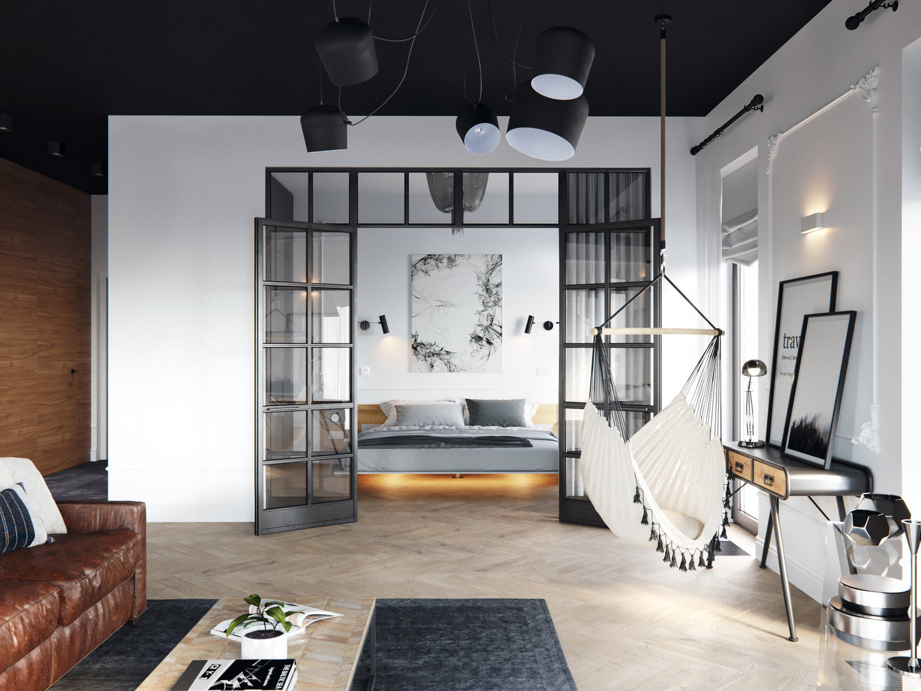 Фотография: Гостиная в стиле Лофт, Эклектика, Квартира, Минимализм, Проект дня, Черный, Подмосковье, дерево в интерьере, инженерная доска, черный потолок в интерьере, 2 комнаты, 60-90 метров, Монолитно-кирпичный, Анна Сухая, коттеджный поселок Западная Долина – фото на INMYROOM Фотография: Гостиная в стиле Лофт, Эклектика, Квартира, Минимализм, Проект дня, Черный, Подмосковье, дерево в интерьере, инженерная доска, черный потолок в интерьере, 2 комнаты, 60-90 метров, Монолитно-кирпичный, Анна Сухая, коттеджный поселок Западная Долина – фото на INMYROOM