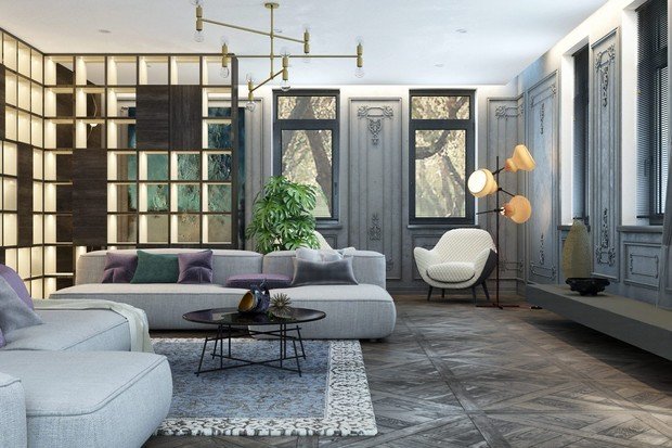 Визуализация интерьера гостиной в классическом стиле с современными элементами