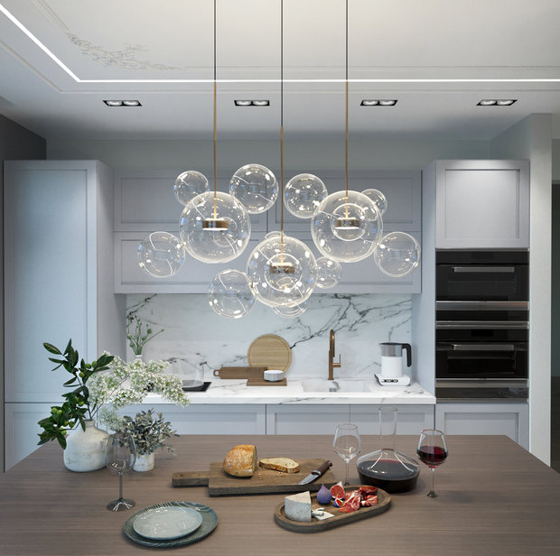 Визуализация интерьера кухни в современном стиле с люстрой из стеклянных сфер