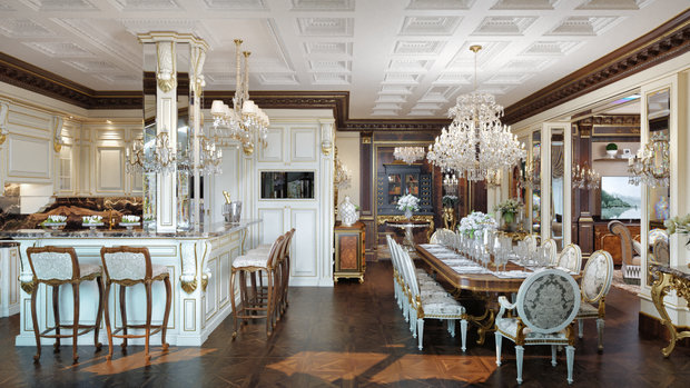 Фото из портфолио ЖК Русский Авангард, 295 кв.м., полудрагоценные полы, стены с золотыми вставками – фотографии дизайна интерьеров на INMYROOM