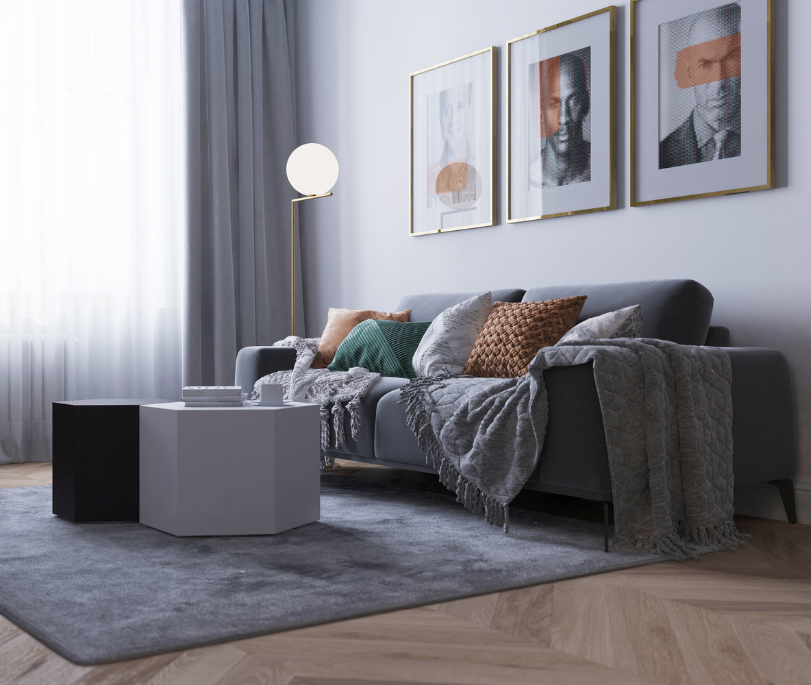 В этом проекте в качестве базы использовали монохромный серый фон и разбавили его яркими акцентами оранжевого и зеленого цветов.