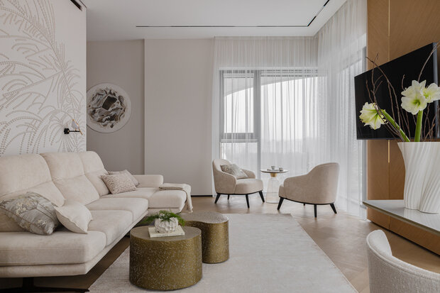 Фотография: Гостиная в стиле Современный, Квартира, Проект дня, Монолитный дом, 3 комнаты, Более 90 метров, Эксклюзивные проекты, Оксана Галактионова, минимализм с элементами современного дизайна – фото на INMYROOM