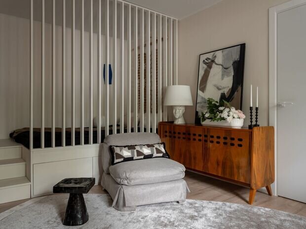 Фотография: Гостиная в стиле Современный, Эклектика, Винтажный, Квартира, Проект дня, Москва, Хрущевка, 2 комнаты, 40-60 метров, Настасья Дуленко – фото на INMYROOM