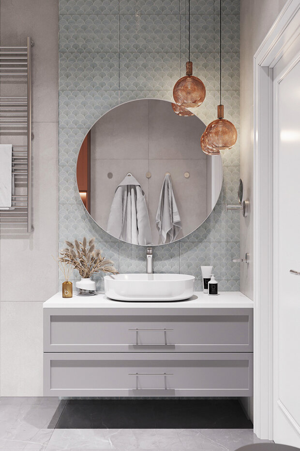 В ванной предусмотрели крючки для большого количества халатов и банных полотенец, а также небольшой табурет для одежды или проведения домашних СПА-процедур.