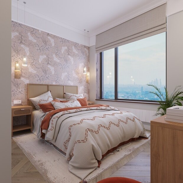 Декор вписан очень ненавязчиво — лаконичный, но в то же время являющийся акцентным. Гипсовое панно над диваном, акварели, постеры на одной из стен спальни, часы на кухне и картина в ванной комнате — по цветам и оттенкам все связано в единый ансамбль.