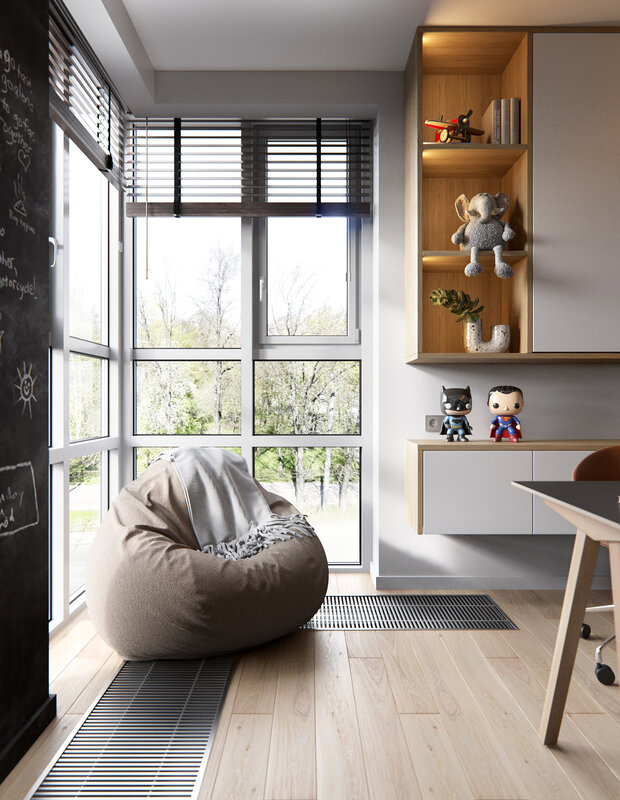 В детской комнате очень красивое угловое окно, через которое попадает много света на рабочую зону, и сама комната приобретает необычный вид.