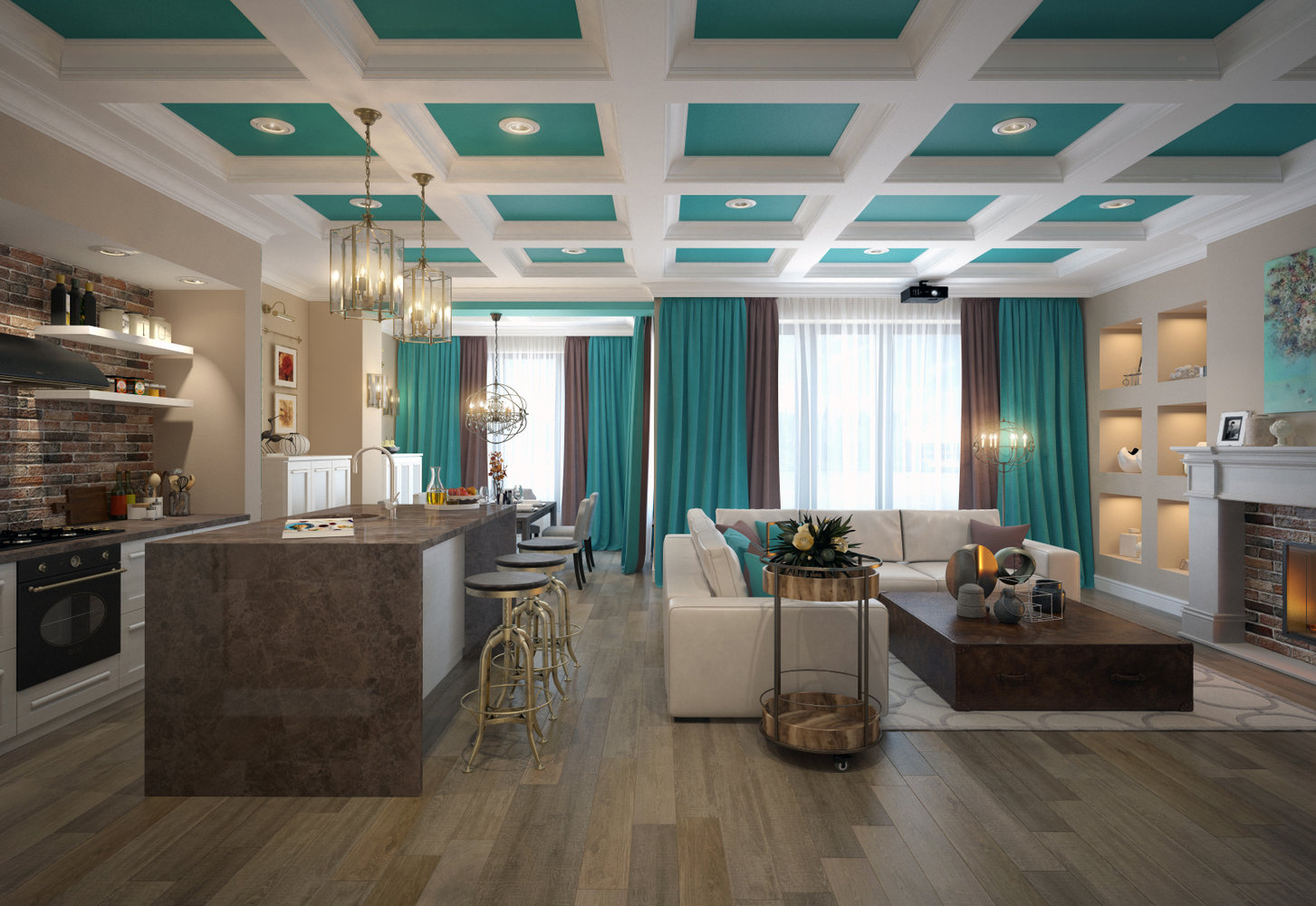 Фото из портфолио Квартира в американском стиле с голубыми кессонами – фотографии дизайна интерьеров на INMYROOM Фото из портфолио Квартира в американском стиле с голубыми кессонами – фотографии дизайна интерьеров на INMYROOM