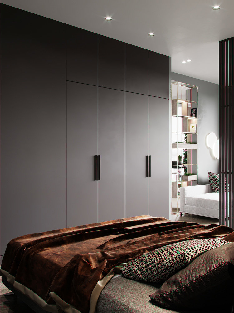 Фотография: Спальня в стиле Современный, Кухня и столовая, Гостиная, Квартира, Miele, Проект дня, Перепланировка, Москва, Серый, Эко, 1 комната, 40-60 метров, Руслан Просвирин, PROSVIRIN DESIGN STUDIO, реечная перегородка в спальне, перегородка-стеллаж, Анна Просвирина – фото на INMYROOM Фотография: Спальня в стиле Современный, Кухня и столовая, Гостиная, Квартира, Miele, Проект дня, Перепланировка, Москва, Серый, Эко, 1 комната, 40-60 метров, Руслан Просвирин, PROSVIRIN DESIGN STUDIO, реечная перегородка в спальне, перегородка-стеллаж, Анна Просвирина – фото на INMYROOM