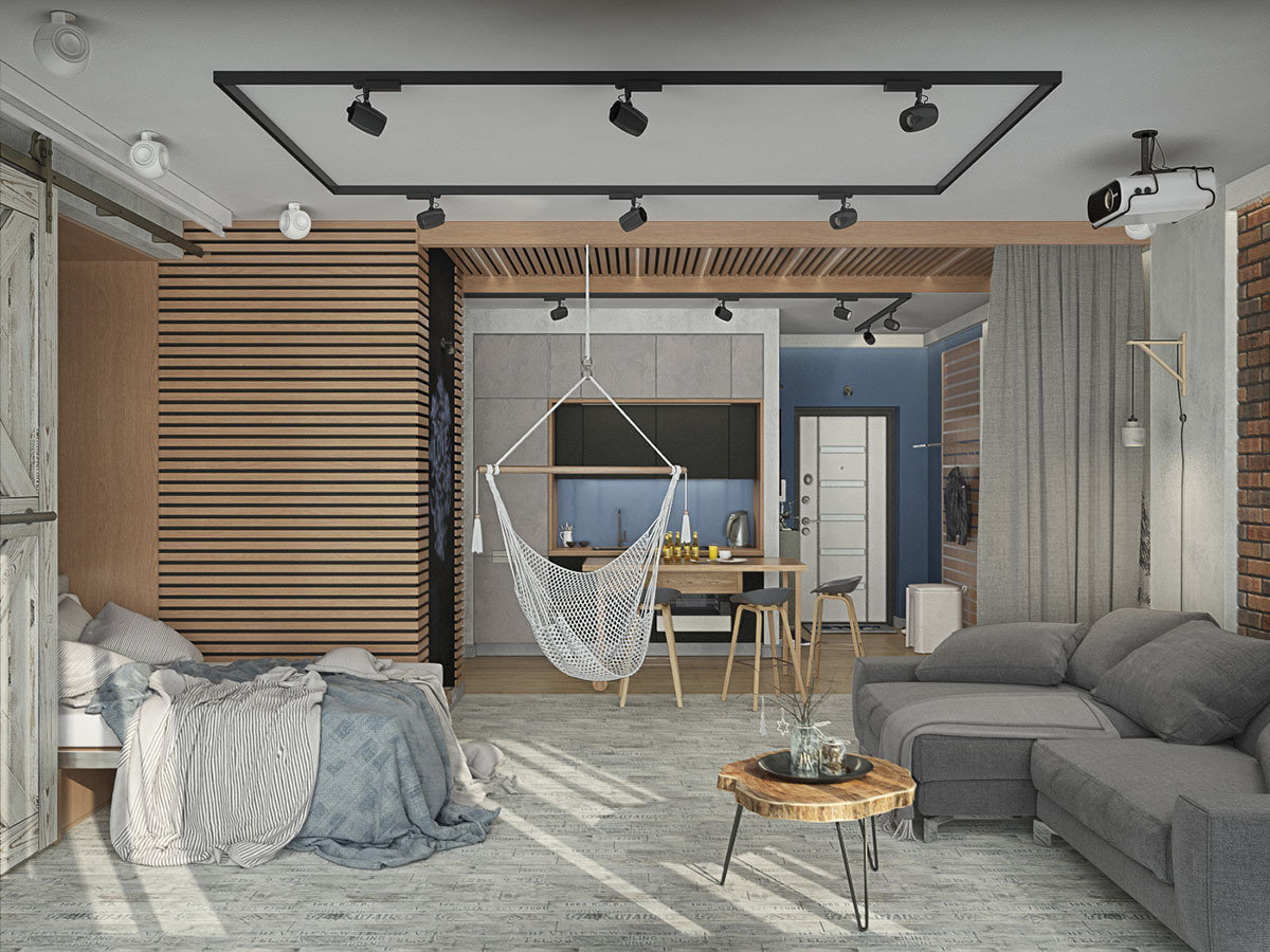 Фотография: Гостиная в стиле Лофт, Современный, Квартира, Студия, Проект недели, Дмитровский район, Евгения Ермолаева, EEDS, 40-60 метров, Монолитно-кирпичный, ЖК «Пятиречье» – фото на INMYROOM