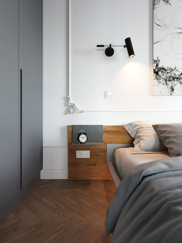 Фотография: Спальня в стиле Минимализм, Лофт, Эклектика, Квартира, Проект дня, Черный, Подмосковье, дерево в интерьере, инженерная доска, черный потолок в интерьере, 2 комнаты, 60-90 метров, Монолитно-кирпичный, Анна Сухая, коттеджный поселок Западная Долина – фото на INMYROOM