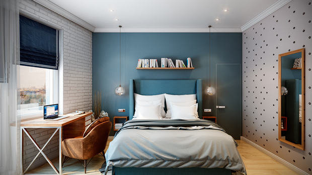 Фотография: Спальня в стиле Скандинавский, Современный, Эклектика, Квартира, Планировки, Проект недели, Желтый, Синий, Бирюзовый, Химки, Co:Interior, Ирина Цинкер, Полина Старчикова – фото на INMYROOM