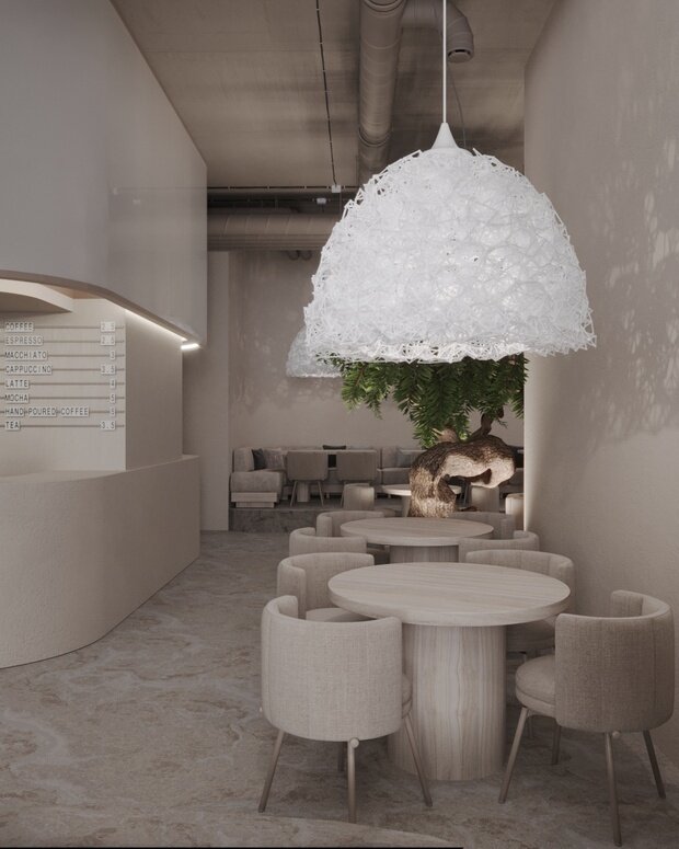 Визуализация интерьера кафе в стиле минимализм с элементами джапанди