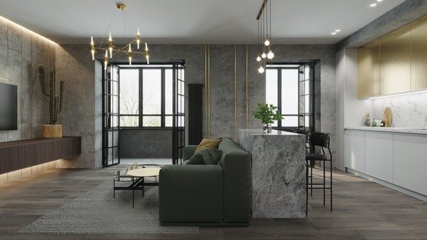 Фотография: Гостиная в стиле Лофт, Кухня и столовая, Ванная, Прихожая, Квартира, Проект недели, Серый, 1 комната, 40-60 метров, ПРЕМИЯ INMYROOM – фото на INMYROOM