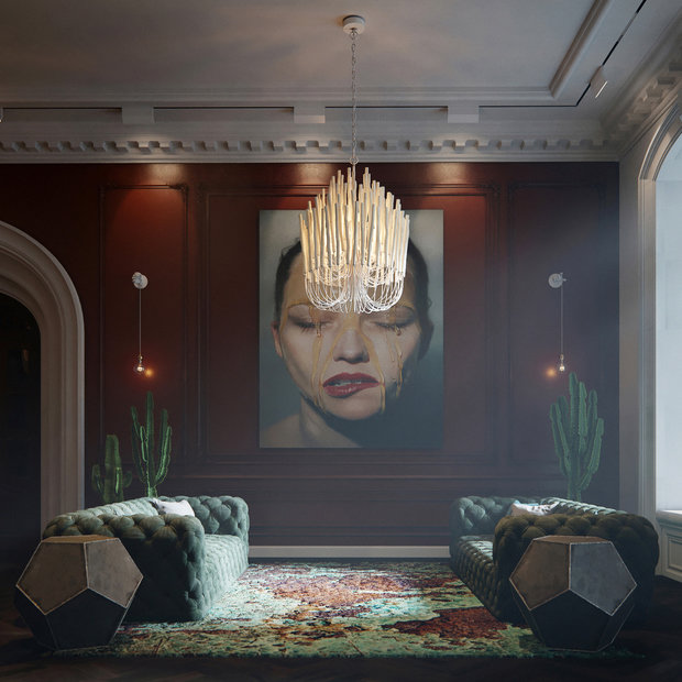 Визуализация интерьера гостиной в стиле эклектика с элементами классики