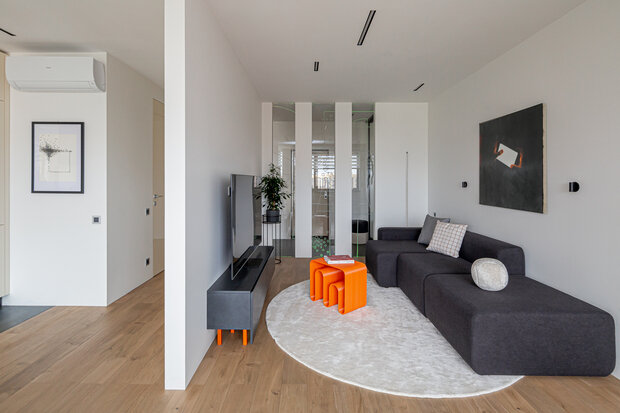 Фотография: Гостиная в стиле Современный, Квартира, Проект дня, Москва, 2 комнаты, 60-90 метров, Анастасия Дубовскова, ЖК «Яуза Парк» – фото на INMYROOM