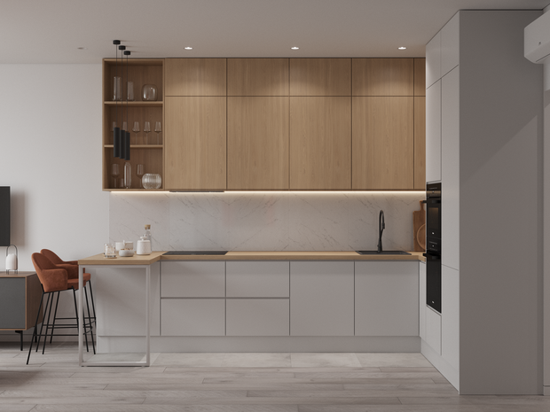 Для нижних и высоких шкафов выбрали лаконичные светлые фасады, для верхних использовали текстуру дерева, как и на столешнице.