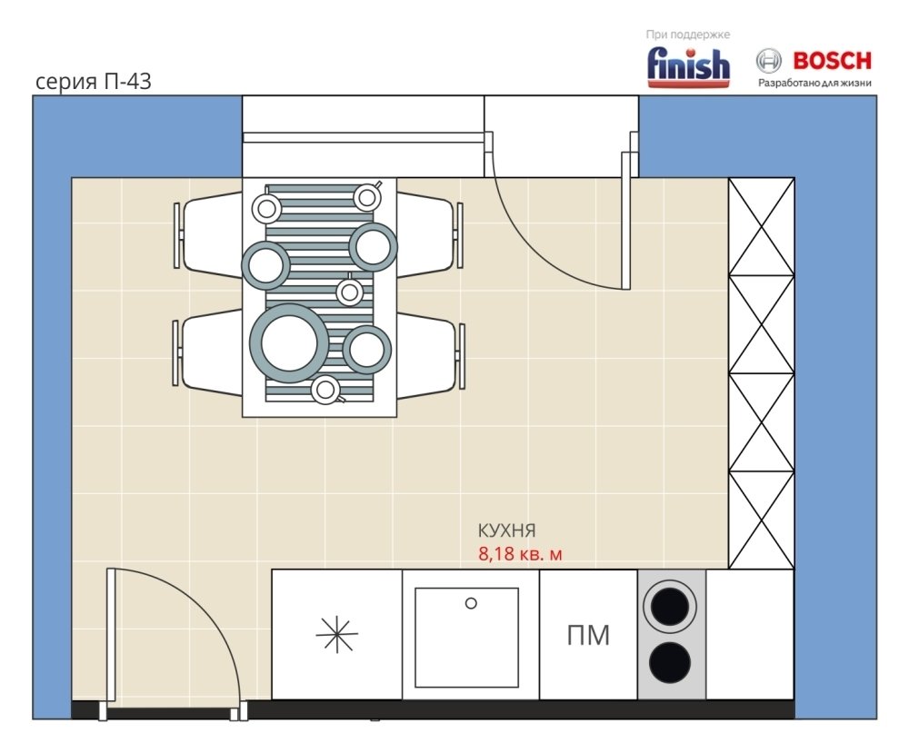 Фотография: Планировки в стиле , Кухня и столовая, Перепланировка, П-43, Анастасия Киселева, Максим Джураев, Панельный дом, Finish – фото на INMYROOM