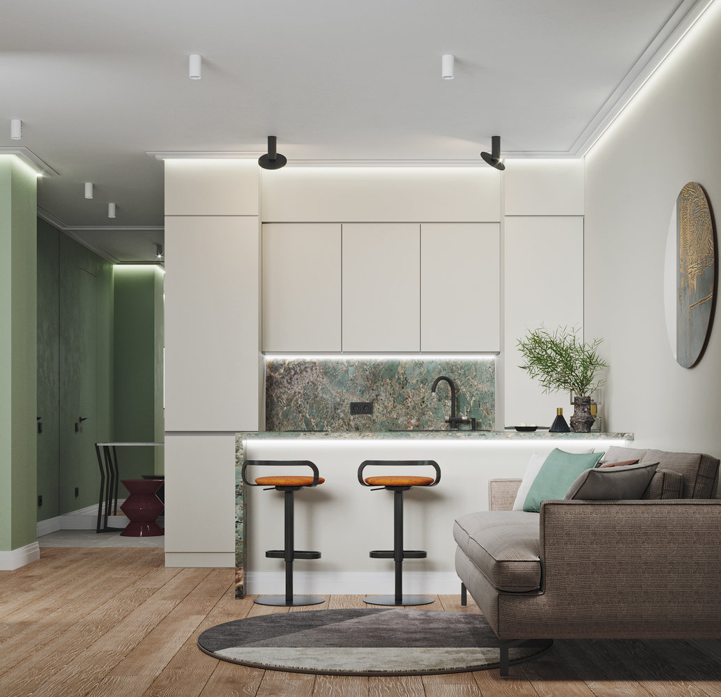 При небольшой площади помещения ограничения были связаны только с расположением «мокрых» зон и одной несущей колонной. Наличие двух окон позволило зонировать спальню с гардеробной в отдельное помещение и организовать просторный санузел. При небольшой площади помещения ограничения были связаны только с расположением «мокрых» зон и одной несущей колонной. Наличие двух окон позволило зонировать спальню с гардеробной в отдельное помещение и организовать просторный санузел.