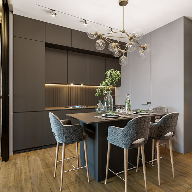 Визуализация интерьера кухни в современном стиле с элементами минимализма